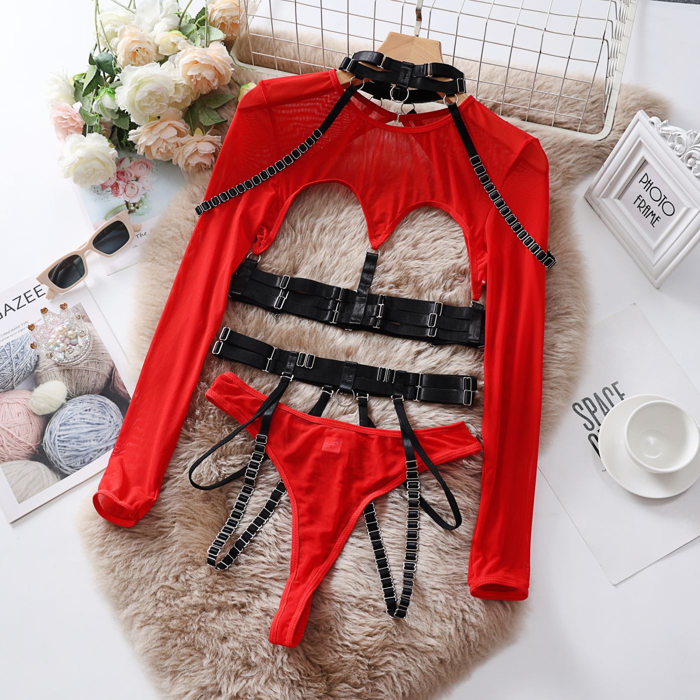 Lingerie Strap Sexy Underwear Splicing Hollow-out Erotic Underwear 5-piece Set Temptation