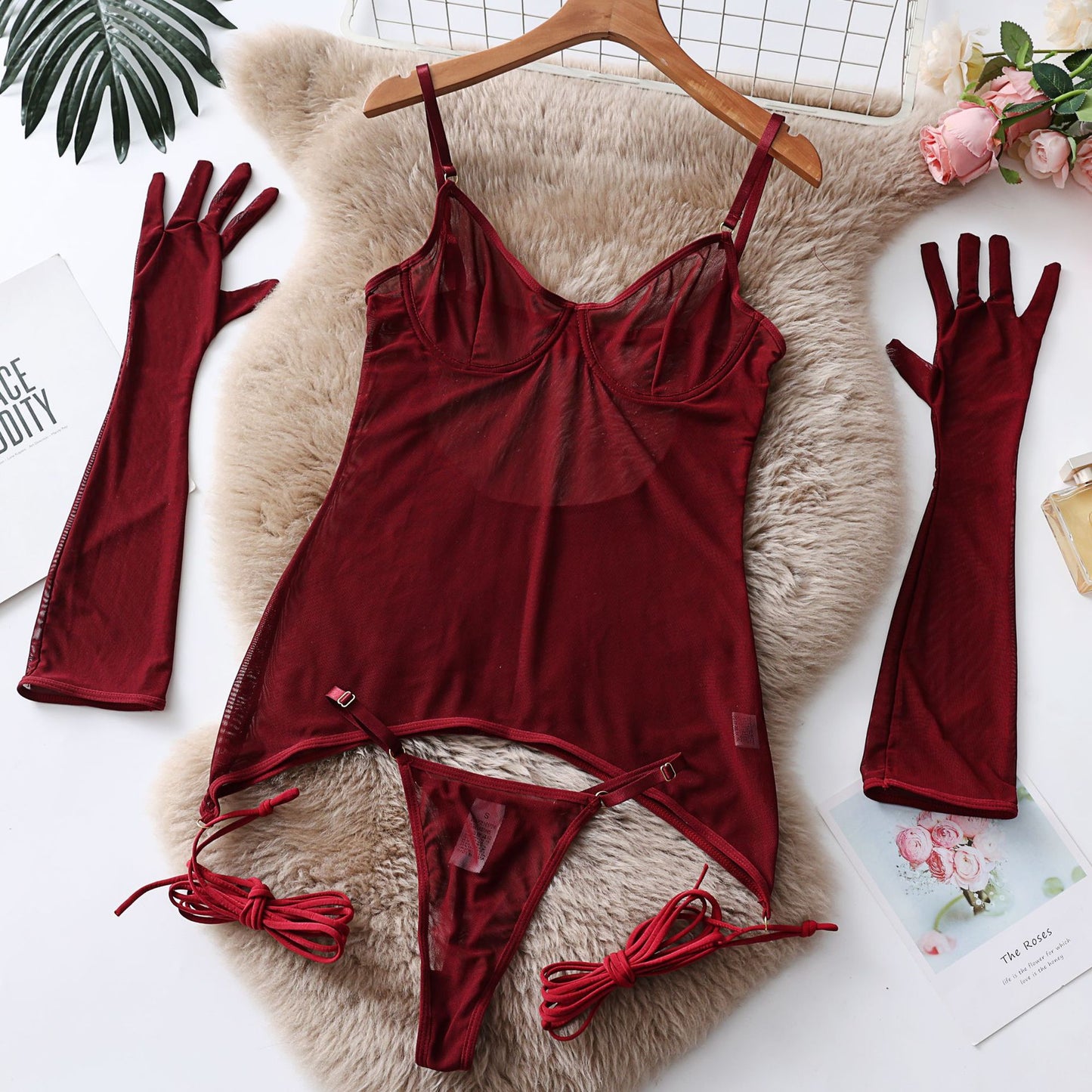 Seductive Lace Lingerie Set with Gloves and Nightwear - Push-Up Underwire Transparent Outfit