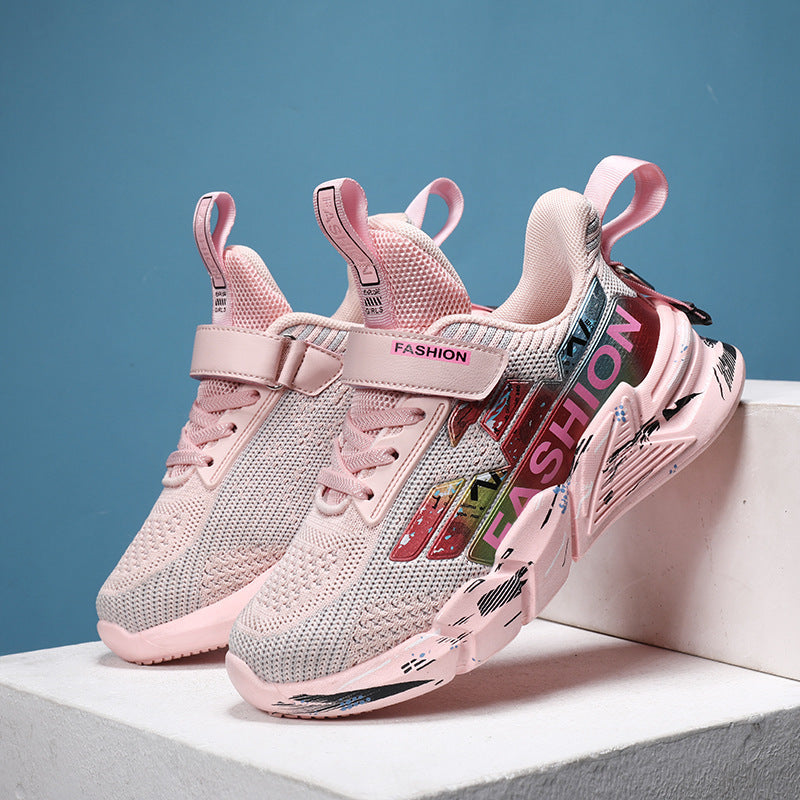 Spring And Summer New Flying Woven Upper Children's Casual Shoes Thick Sole Sneakers Girls Trendy Shoes Mesh Shoes