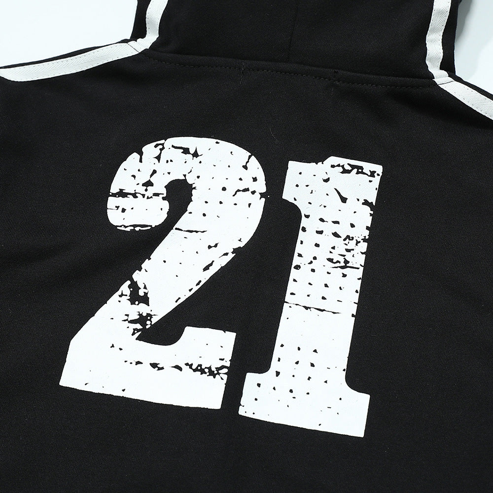 Color-Block Hooded Zip-Up Sweatshirt Letter and Number Print Long Sleeve Casual Outwear