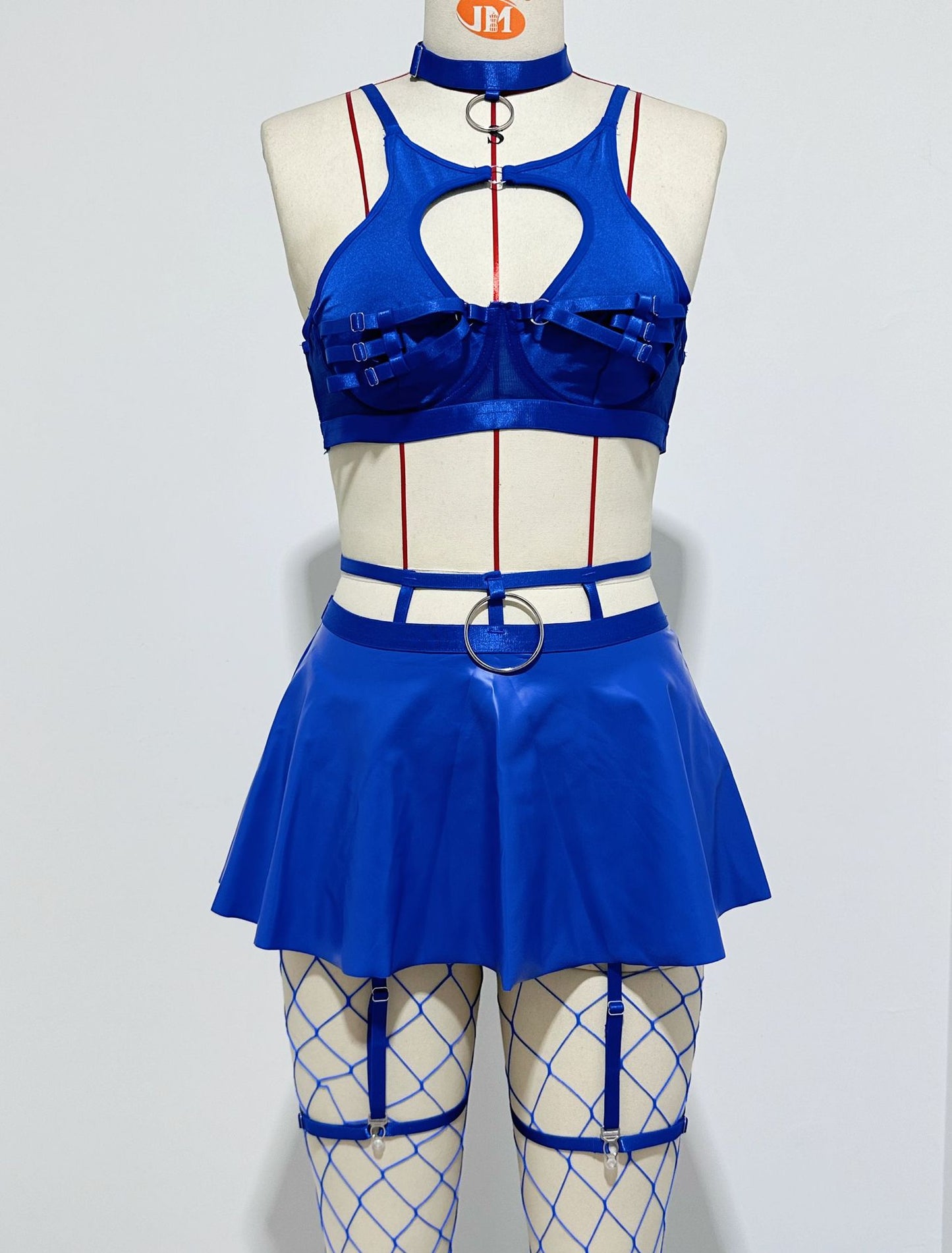 Lace Sexy Lingerie Set Bra Set Solid Color Leather Skirt with Fishnet Stockings Women's