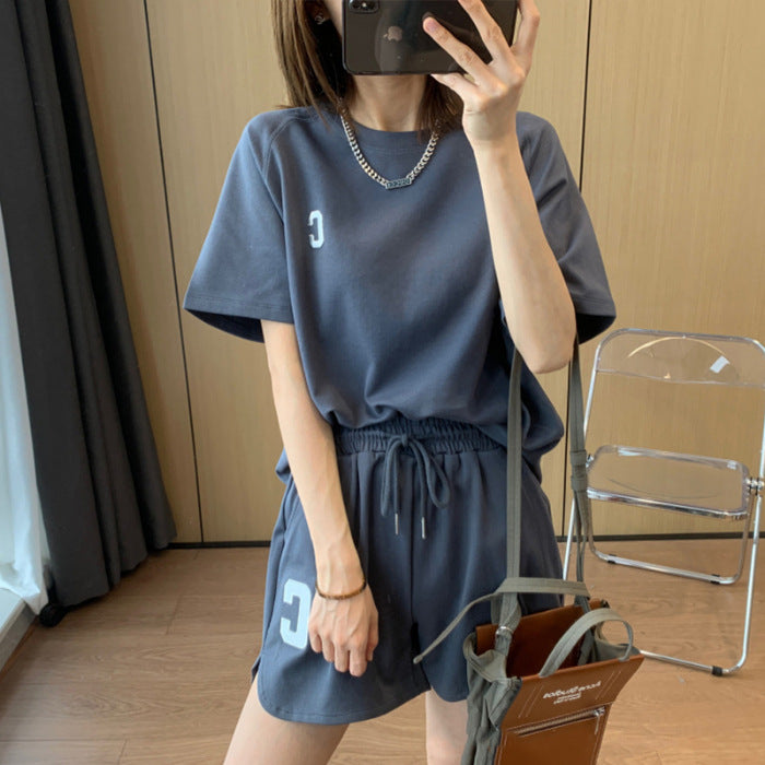 Casual Sports Set Women's Summer Thin Running Fashion Short Sleeve Shorts Two-Piece Milk Silk