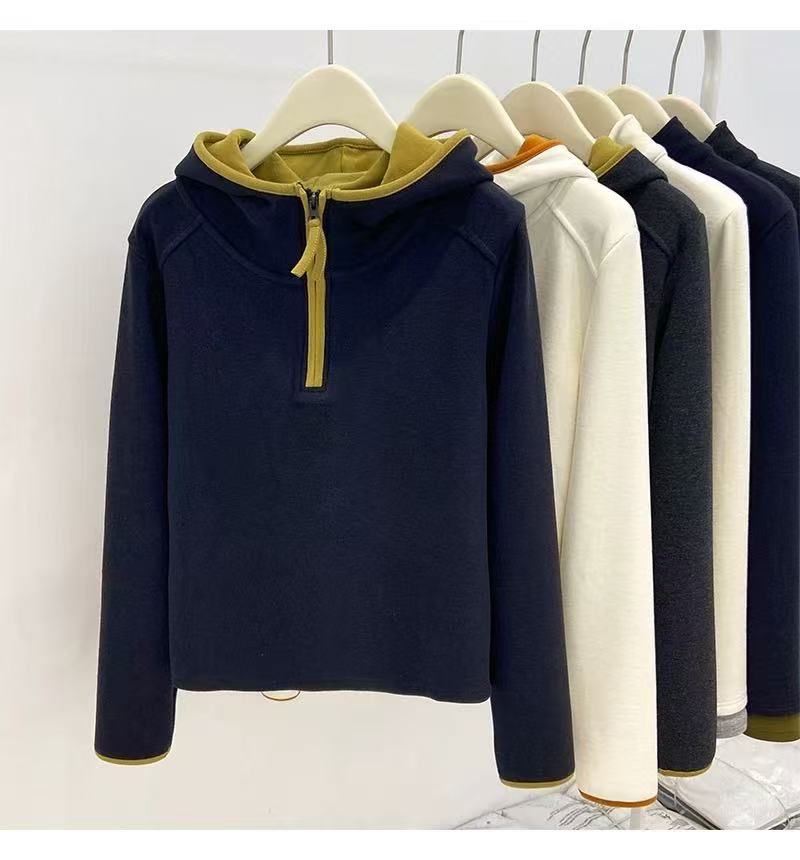 Casual Color-blocked Half-zip Thicken Long Sleeve Hoodie with Fleece Lining for Women