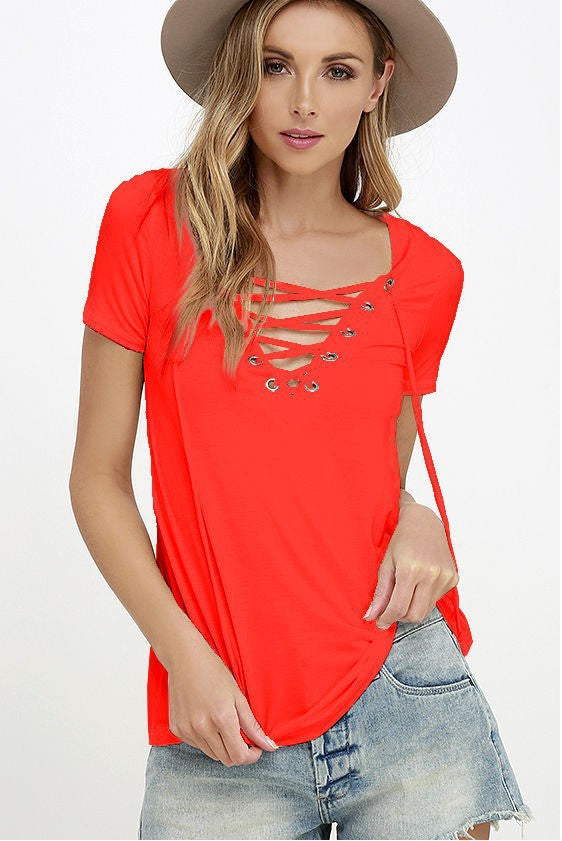 Sexy V-Neck Solid Color T-Shirt Top, 10 Colors 8 Sizes