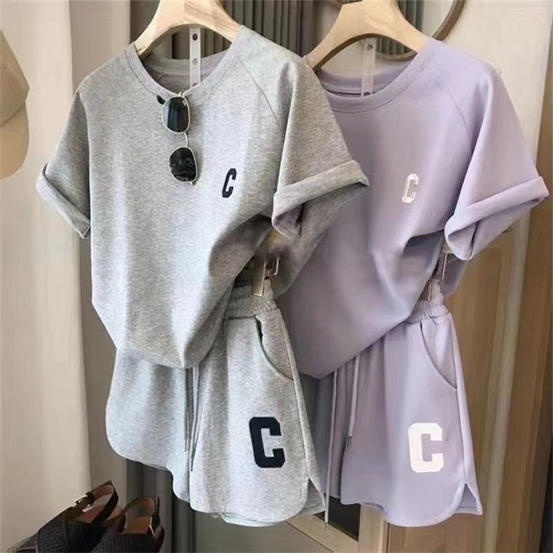 Casual Sports Set Women's Summer Thin Running Fashion Short Sleeve Shorts Two-Piece Milk Silk
