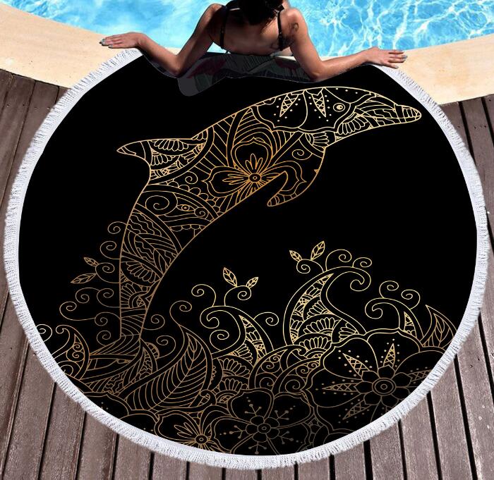 Bedding 3D printing Golden whale Round Bohemian Beach towel home textile  Beach Towel Tapestry Blanket