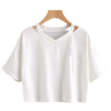 Shoulder Hollow Out Solid Color V-Neck Short Sleeve Loose Daily Women's Top