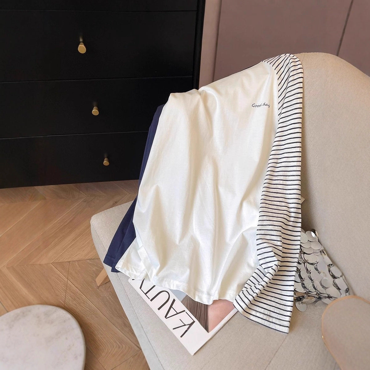 Blue and White Color-block Striped Long Sleeve T-shirt Women