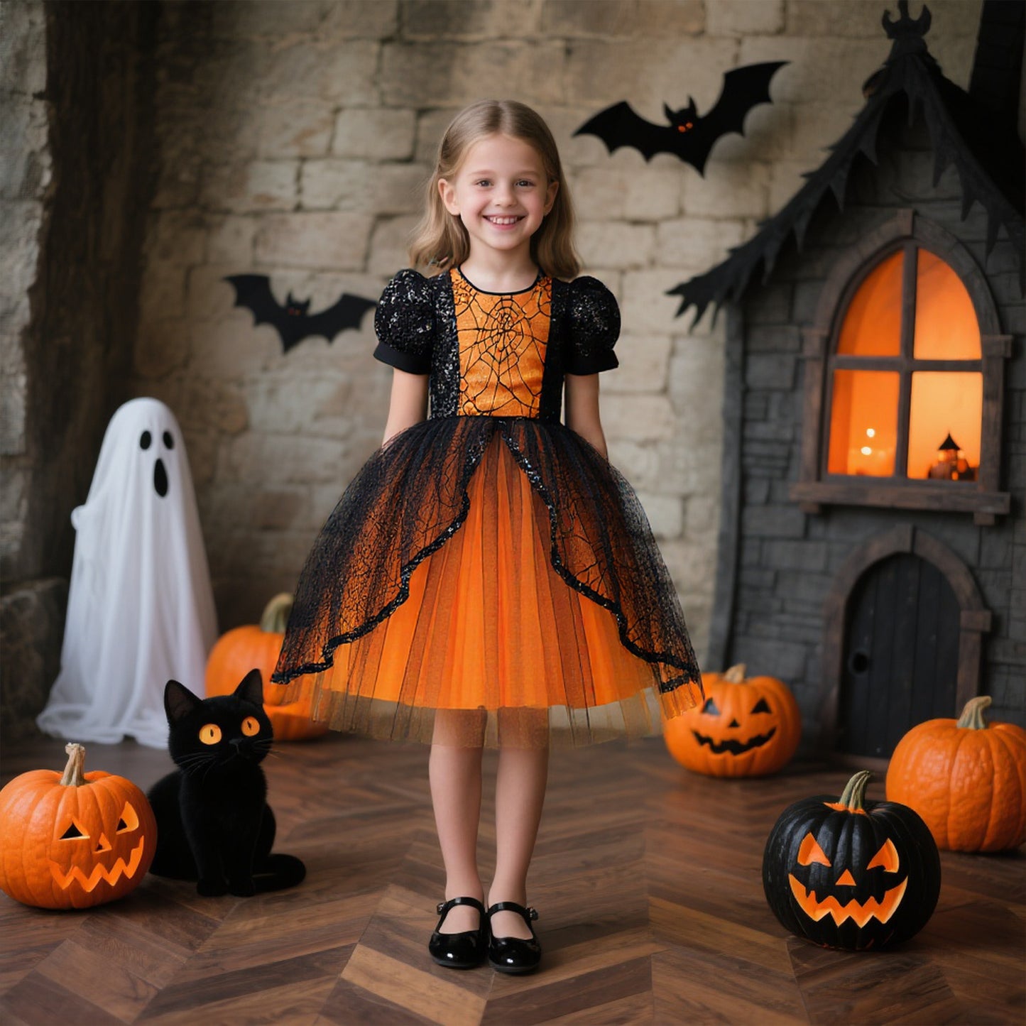 Halloween Girls' Dress with Sequin Spiderweb Tulle Princess Style Cotton Lining Formal Dress