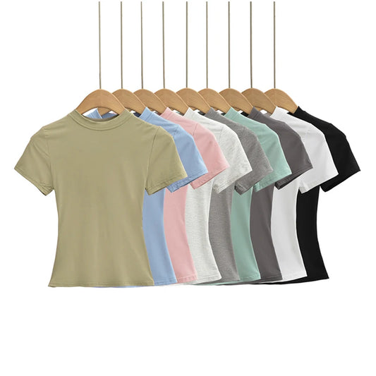 New High Quality Casual T shirt Sexy Slim Short Sleeves Fashion Trend Solid Women Clothing y2k Tops