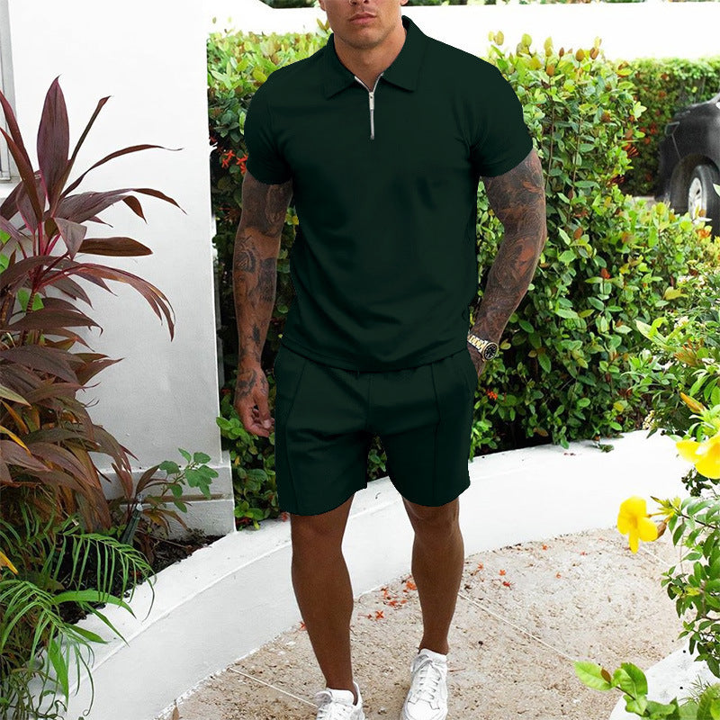 Short sleeved shorts casual suit slim fit men's two-piece set solid color