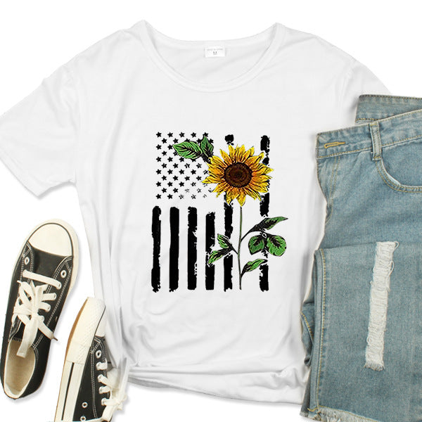 Summer Independence Day Sunflower Print T-Shirt Short Sleeve Crew Neck T-Shirt Women's Top