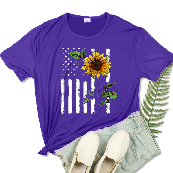Summer Independence Day Sunflower Print T-Shirt Short Sleeve Crew Neck T-Shirt Women's Top