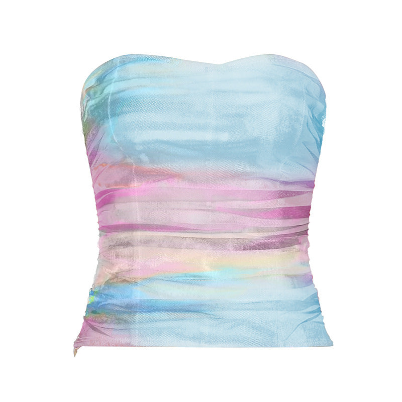 Street Style Vacation Island Shell Print Off-Shoulder Fitted Wrap Crop Top Women's Sexy Tight Versatile Top
