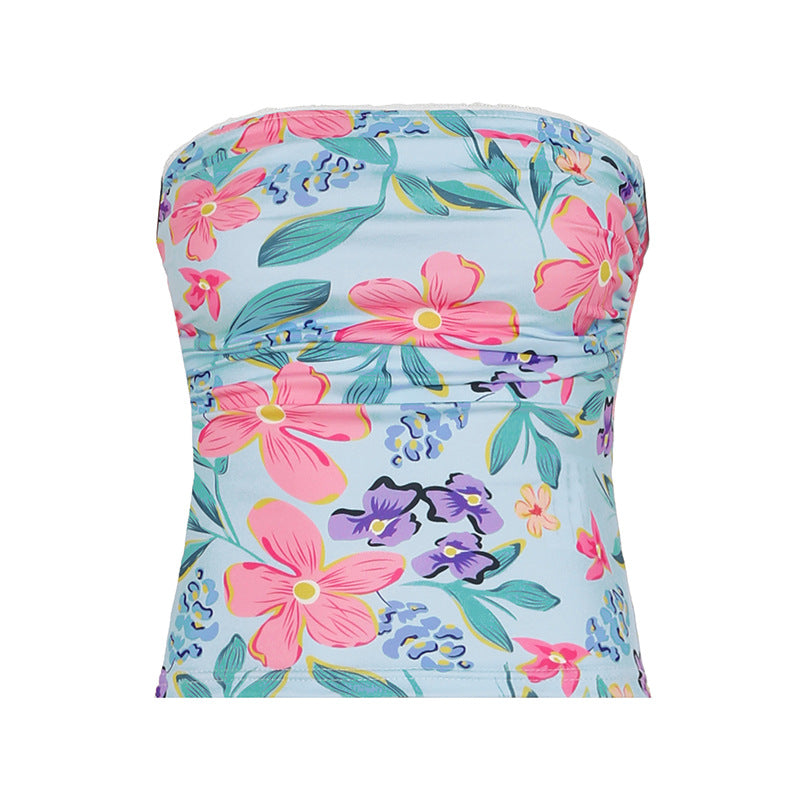 Street Style Vacation Island Shell Print Off-Shoulder Fitted Wrap Crop Top Women's Sexy Tight Versatile Top