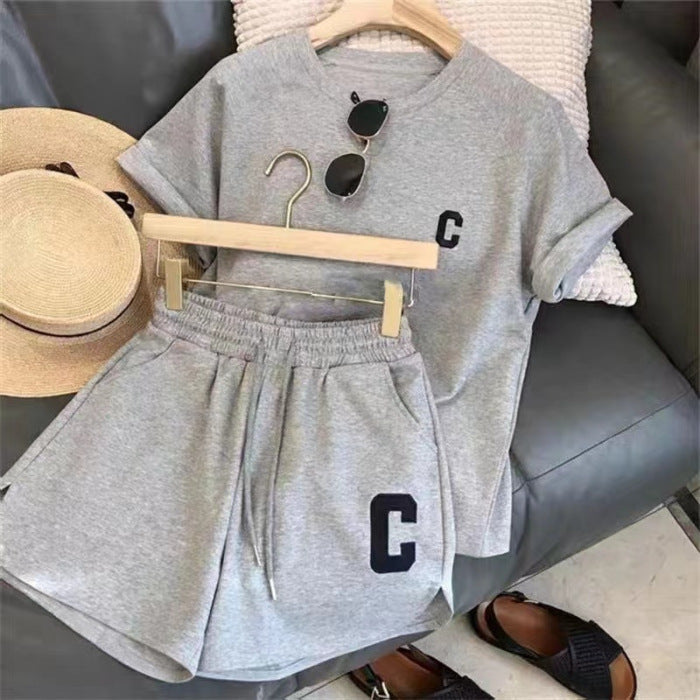 Casual Sports Set Women's Summer Thin Running Fashion Short Sleeve Shorts Two-Piece Milk Silk