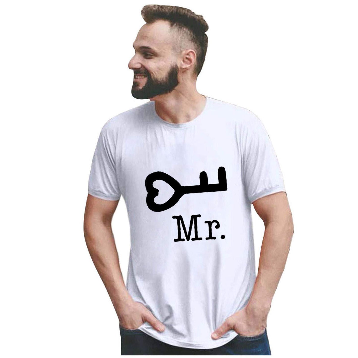 Casual Loose Fit Couple's T-Shirt with Mr Mrs Letter Lock Key Print Short Sleeve