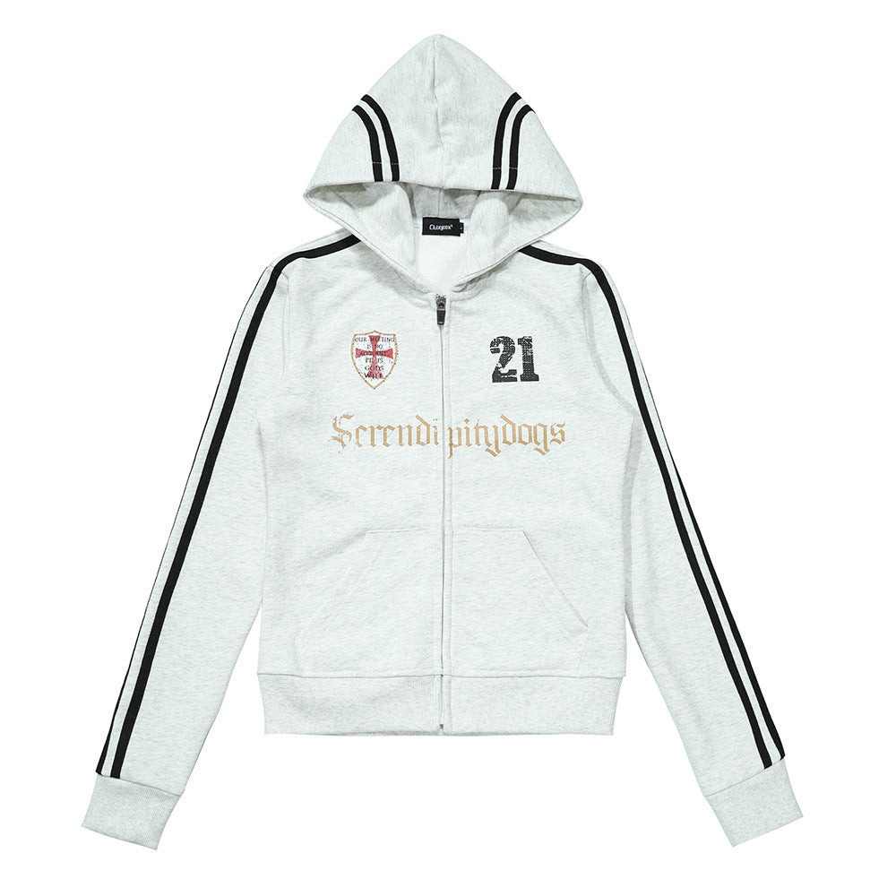 Color-Block Hooded Zip-Up Sweatshirt Letter and Number Print Long Sleeve Casual Outwear