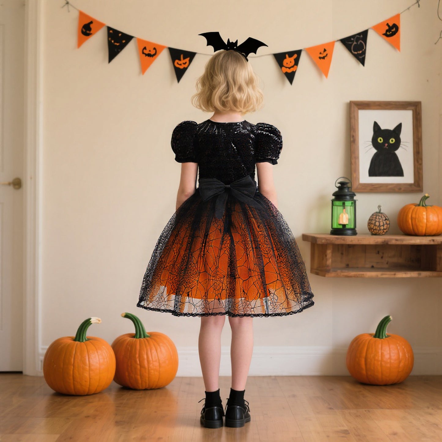 Halloween Girls' Dress with Sequin Spiderweb Tulle Princess Style Cotton Lining Formal Dress