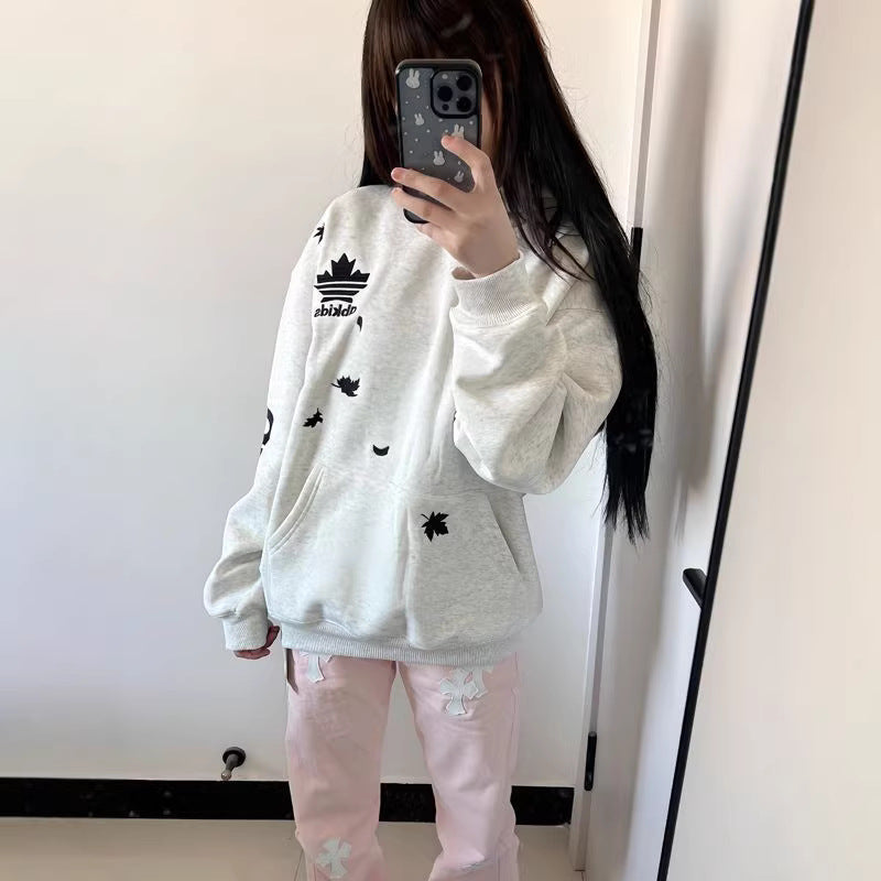 Retro Maple Leaf Embroidered Letter Hoodie Unisex Thick Fleece Heavyweight Casual Sweatshirt