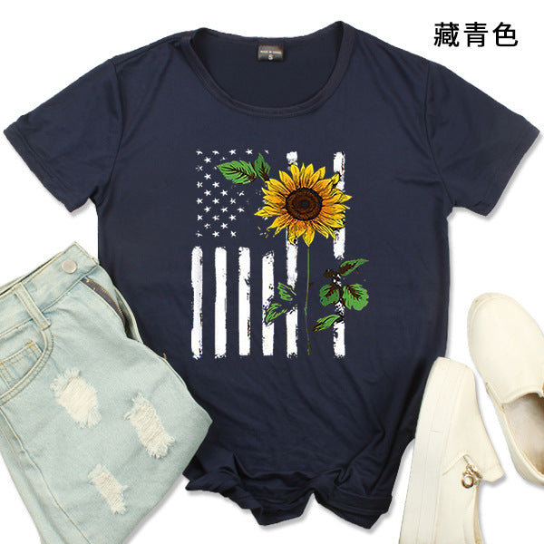 Summer Independence Day Sunflower Print T-Shirt Short Sleeve Crew Neck T-Shirt Women's Top