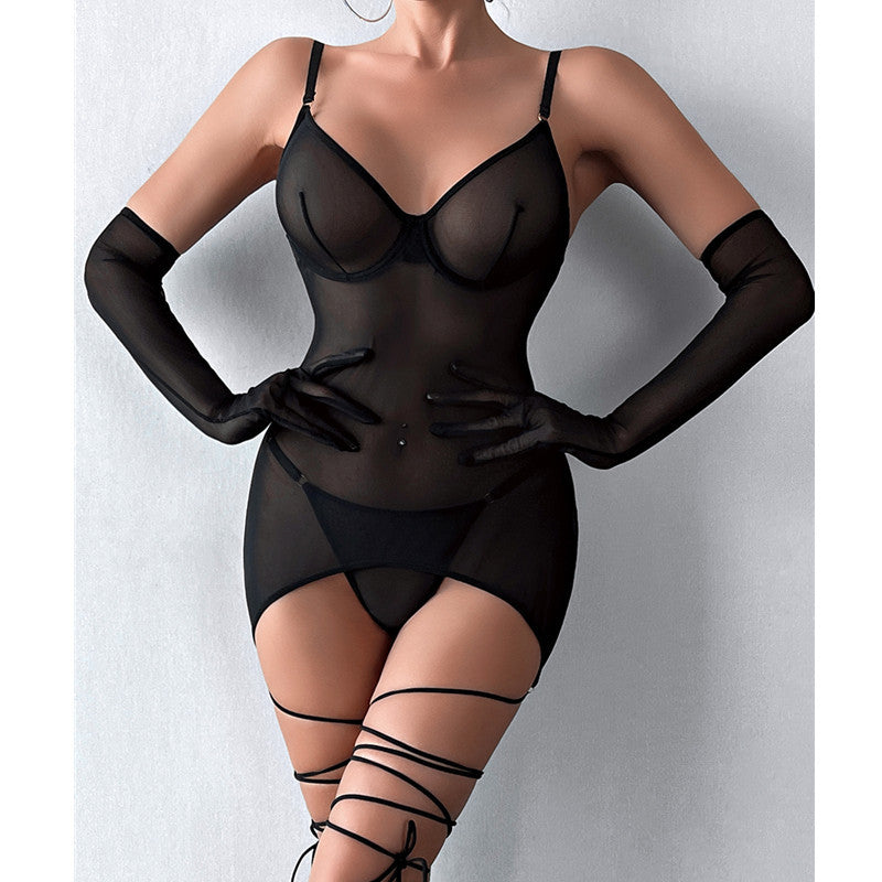 Seductive Lace Lingerie Set with Gloves and Nightwear - Push-Up Underwire Transparent Outfit