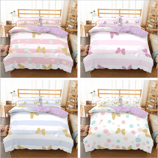 3D digital printing three piece princess bed stripe butterfly quilt cover pillow case