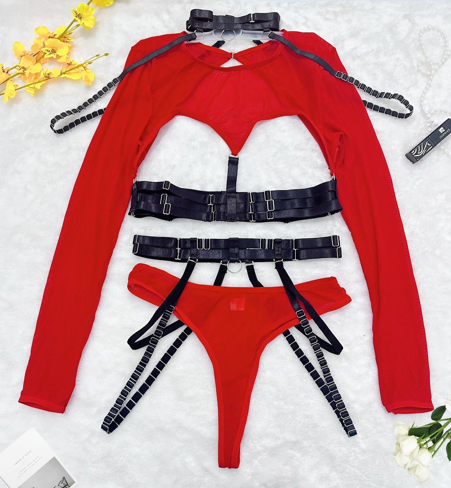 Complex Strap Halter Waistband Mesh Long Sleeve Sexy Women's Four-Piece Set