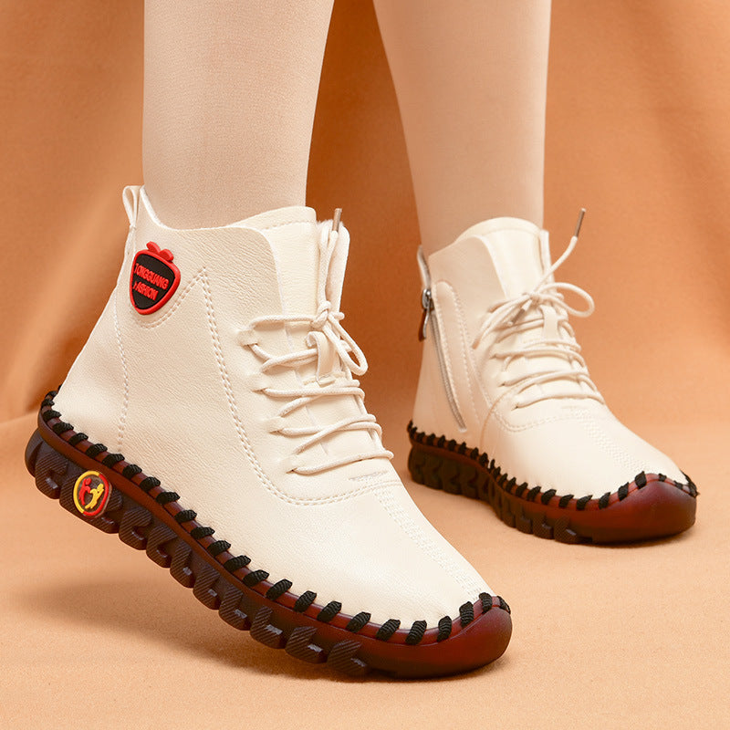 Hand-sewn Women's High-top Cotton Shoes Casual Winter Plush Warm Soft Sole Anti-slip Mother Shoes