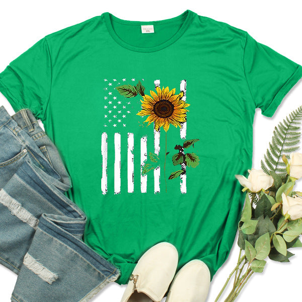 Summer Independence Day Sunflower Print T-Shirt Short Sleeve Crew Neck T-Shirt Women's Top