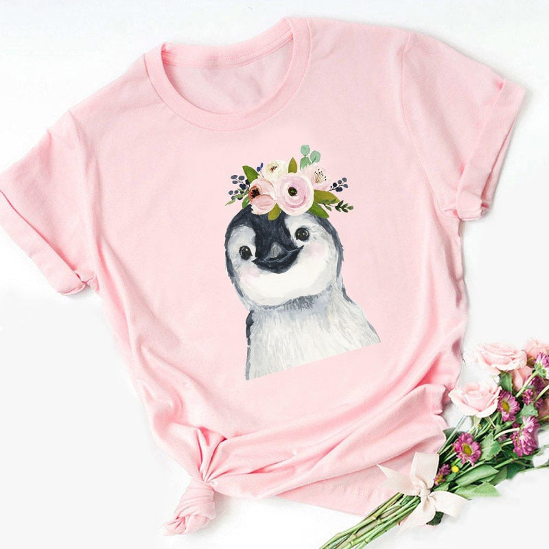 T-Shirt Round Neck Print Unisex Penguin Print Top
