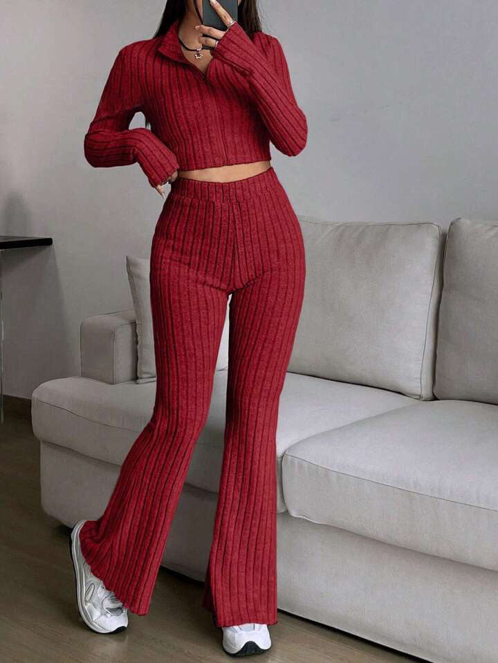 Fashion Solid Ribbed Two-Piece Set, Zip-Up Long Sleeve Cropped Top and High-Waisted Flared Pants Set, Women's Casual