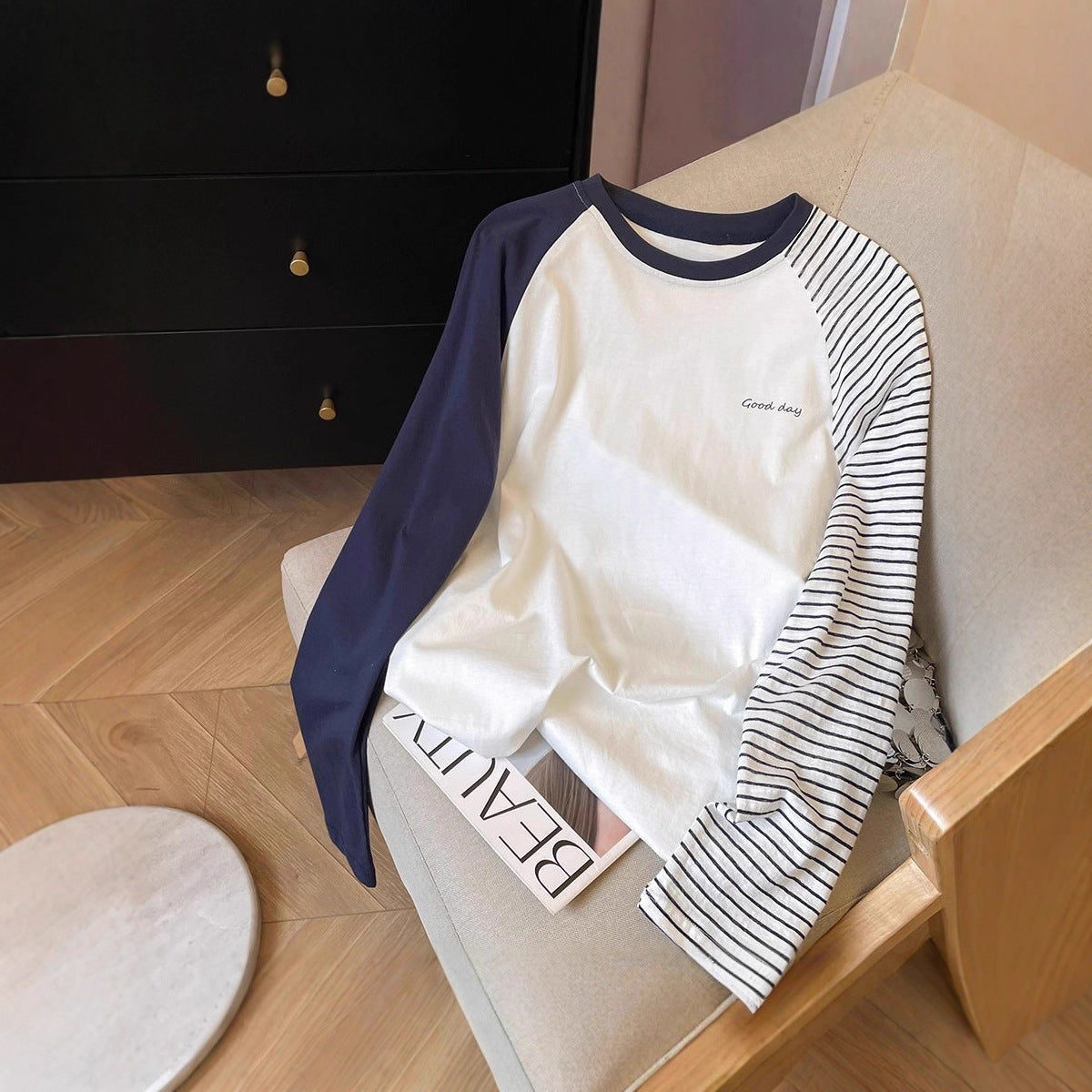 Blue and White Color-block Striped Long Sleeve T-shirt Women