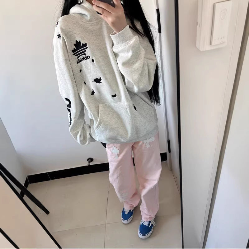 Retro Maple Leaf Embroidered Letter Hoodie Unisex Thick Fleece Heavyweight Casual Sweatshirt