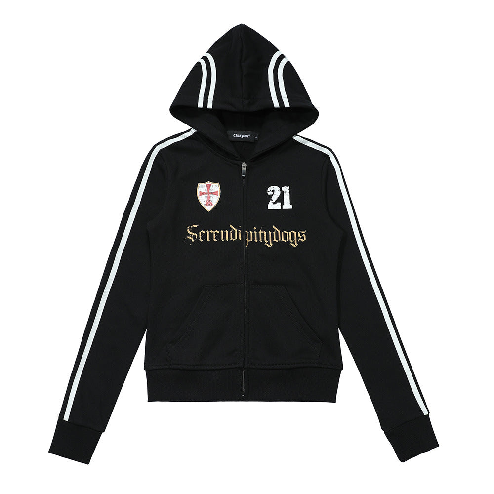 Color-Block Hooded Zip-Up Sweatshirt Letter and Number Print Long Sleeve Casual Outwear