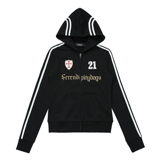 Color-Block Hooded Zip-Up Sweatshirt Letter and Number Print Long Sleeve Casual Outwear
