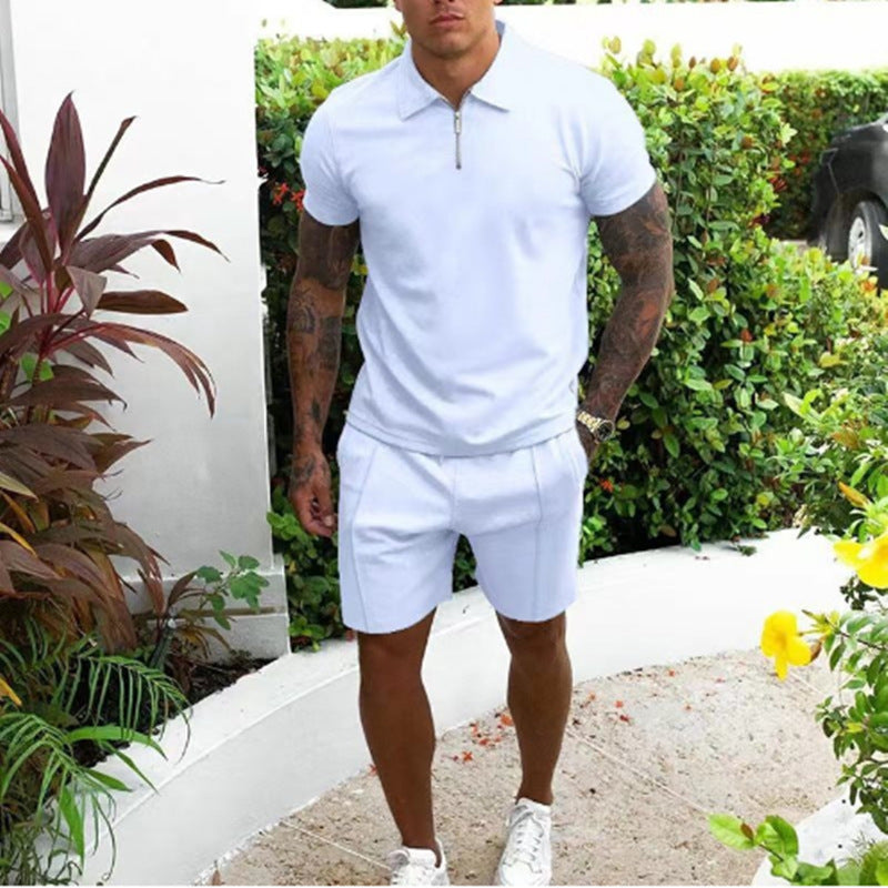 Short sleeved shorts casual suit slim fit men's two-piece set solid color