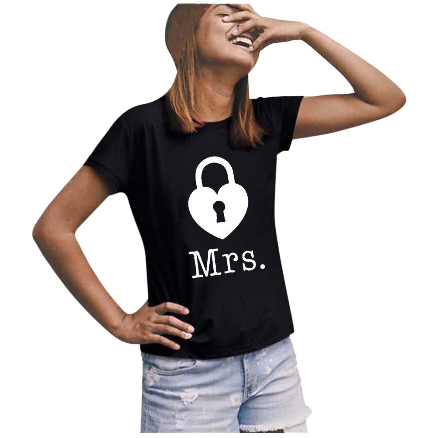 Casual Loose Fit Couple's T-Shirt with Mr Mrs Letter Lock Key Print Short Sleeve