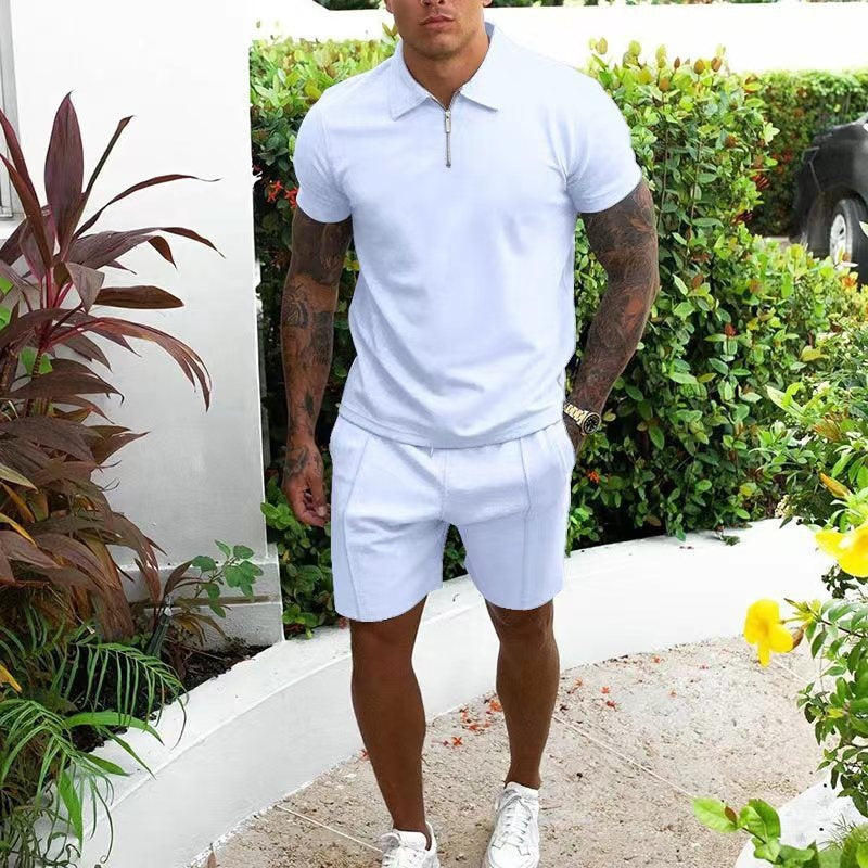 Short sleeved shorts casual suit slim fit men's two-piece set solid color