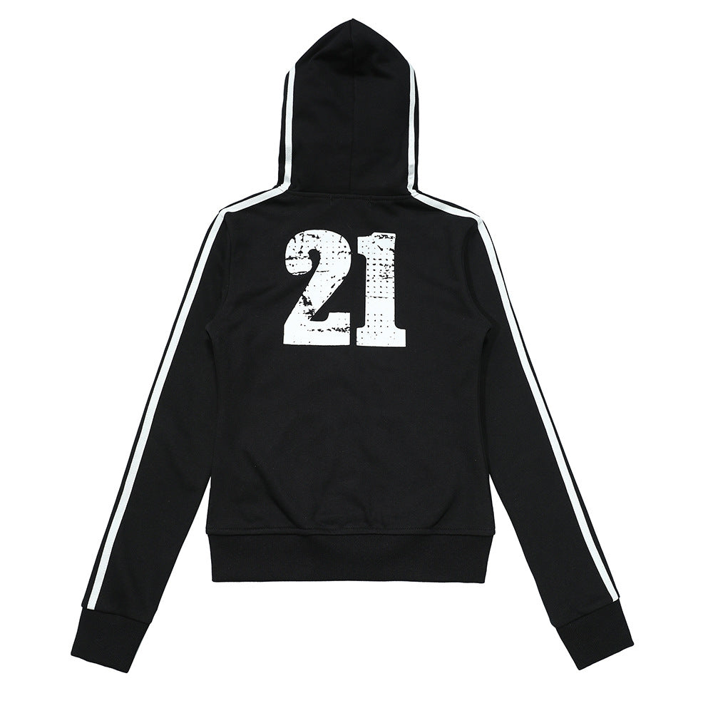 Color-Block Hooded Zip-Up Sweatshirt Letter and Number Print Long Sleeve Casual Outwear