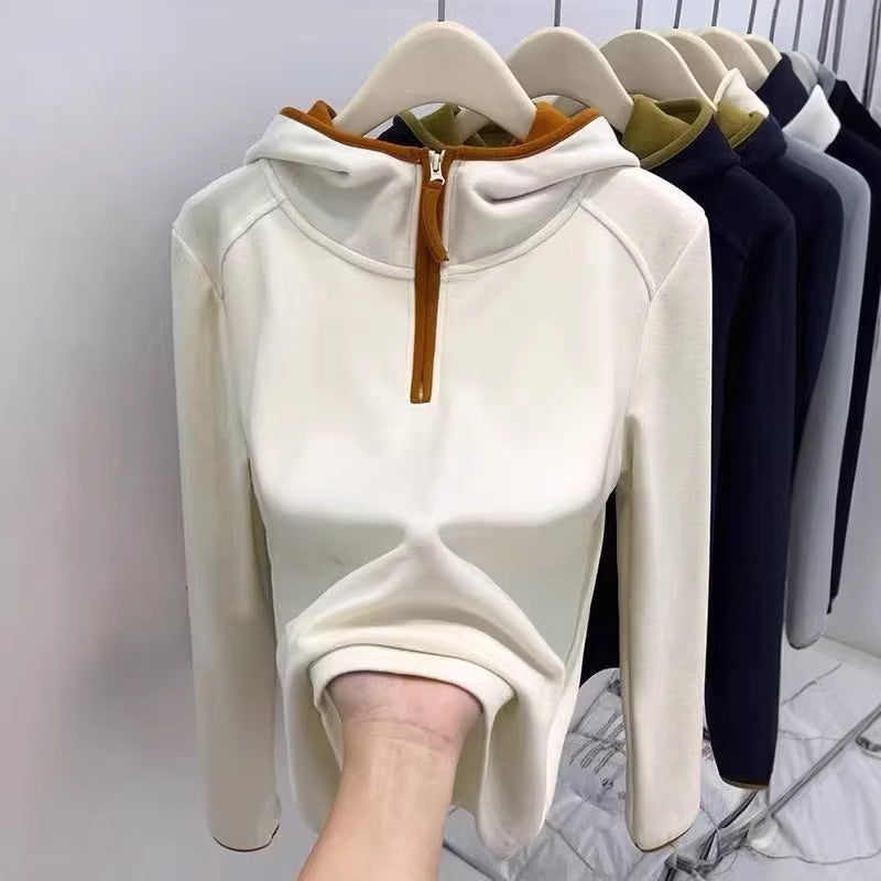 Casual Color-blocked Half-zip Thicken Long Sleeve Hoodie with Fleece Lining for Women