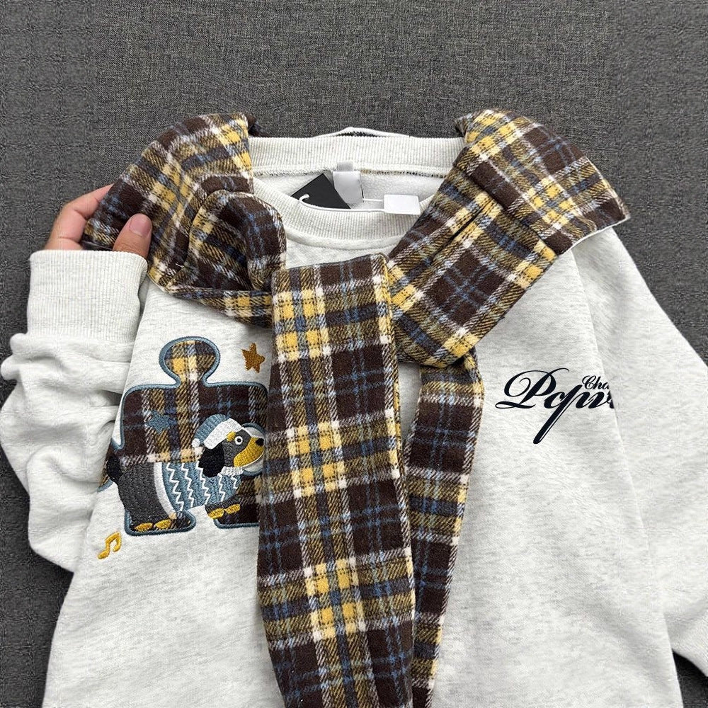 Retro Plaid Shawl Tie Hooded Sweatshirt Women  Loose Lazy Style Fleece Lined Thickened Jacket