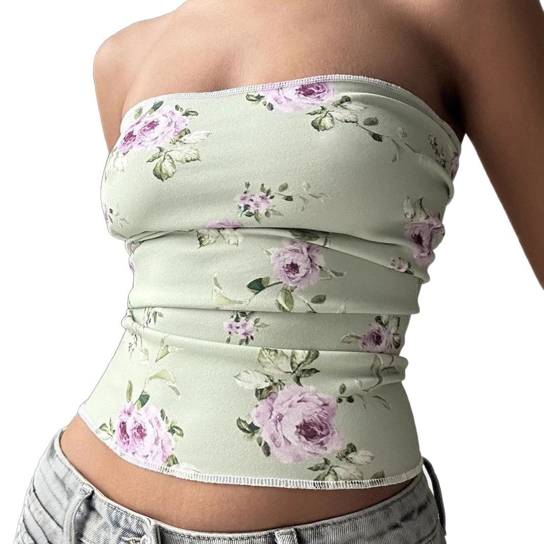 Street Style Vacation Island Shell Print Off-Shoulder Fitted Wrap Crop Top Women's Sexy Tight Versatile Top