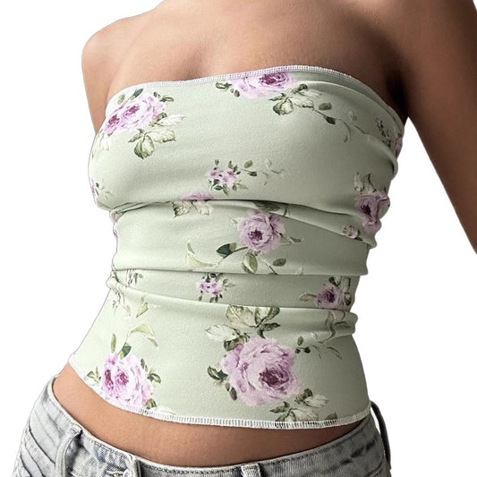 Street Style Vacation Island Shell Print Off-Shoulder Fitted Wrap Crop Top Women's Sexy Tight Versatile Top