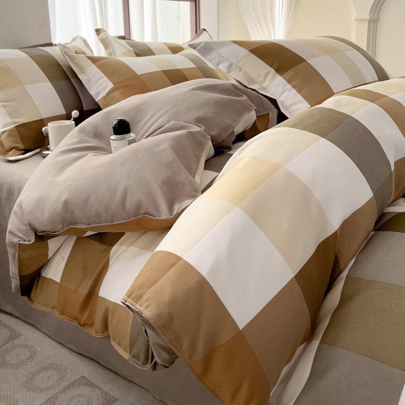Minimalist Pure Water-Washed Cotton Bedding Set Flannel Grid Good Quality Fitted Sheet Version Student Dormitory Three-Piece Set