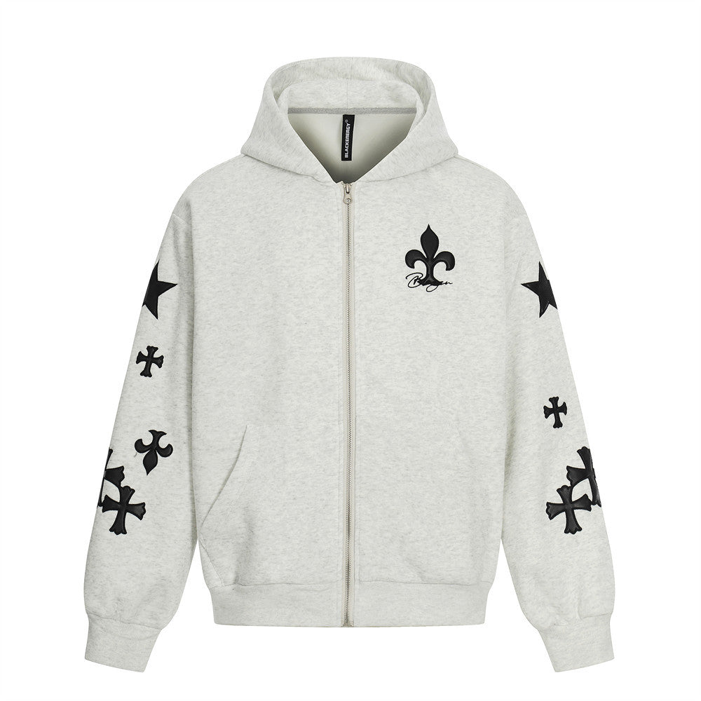 Cross PU Leather Embroidered Hoodie