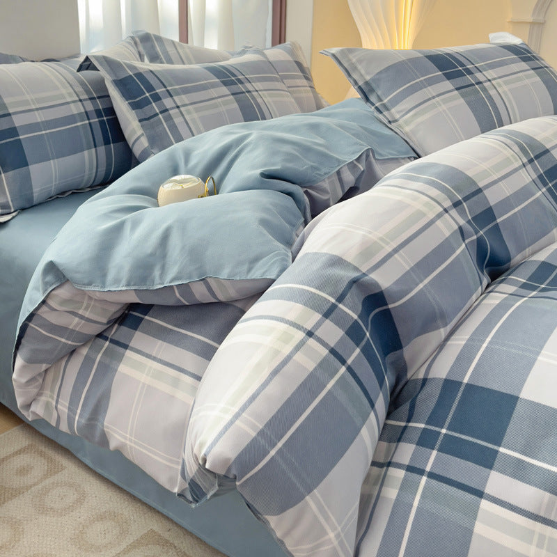 Minimalist Pure Water-Washed Cotton Bedding Set Flannel Grid Good Quality Fitted Sheet Version Student Dormitory Three-Piece Set