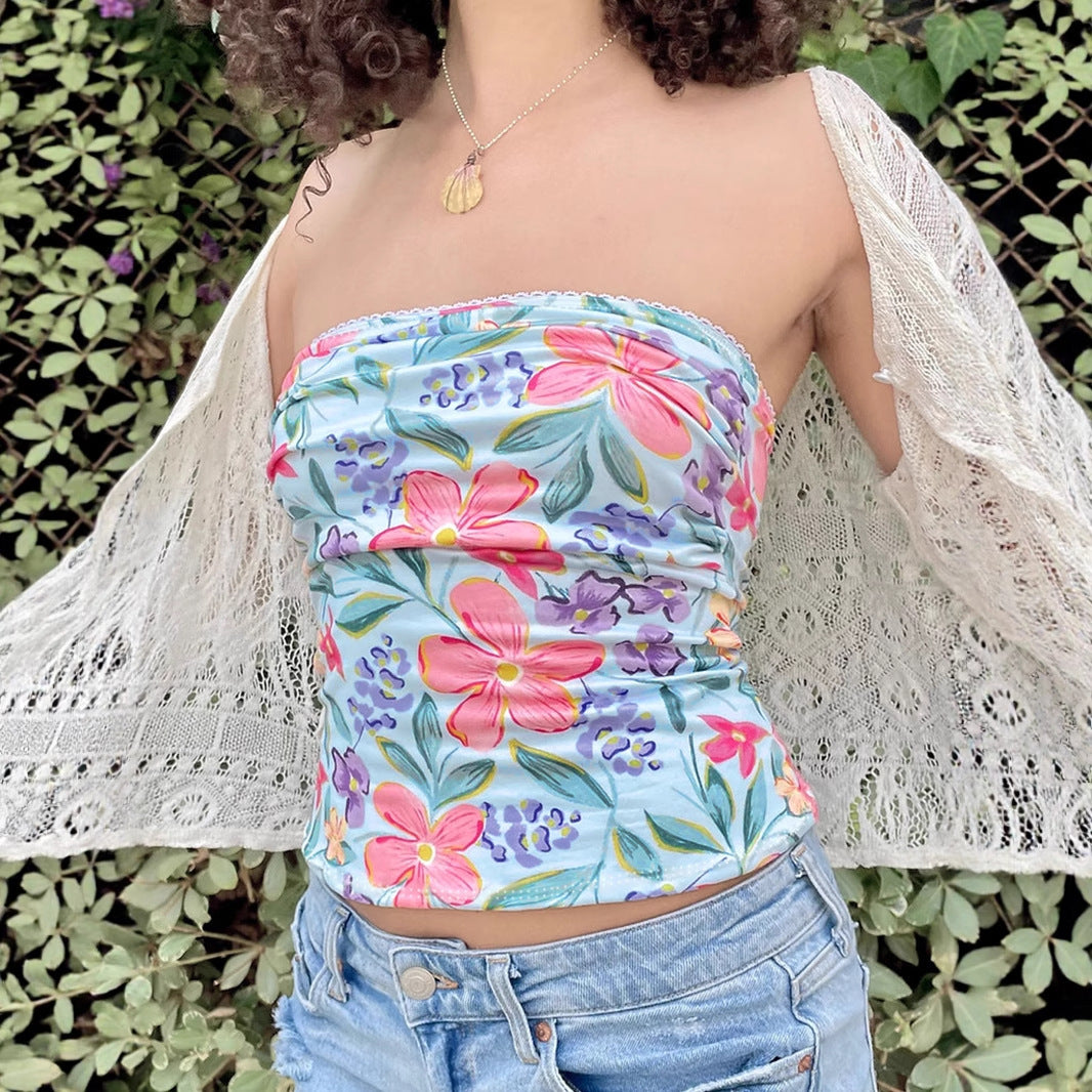 Street Style Vacation Island Shell Print Off-Shoulder Fitted Wrap Crop Top Women's Sexy Tight Versatile Top