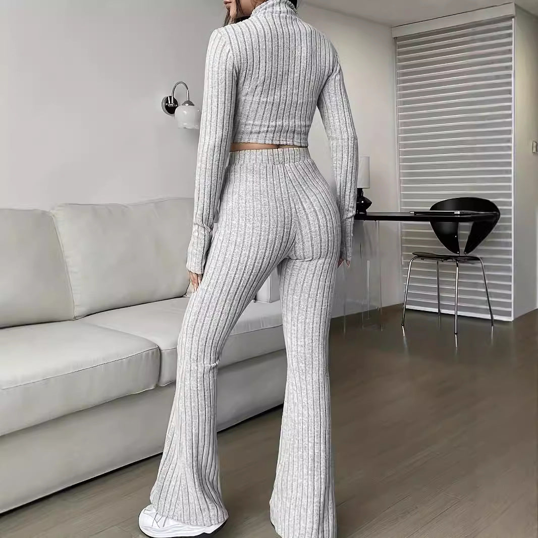 Fashion Solid Ribbed Two-Piece Set, Zip-Up Long Sleeve Cropped Top and High-Waisted Flared Pants Set, Women's Casual
