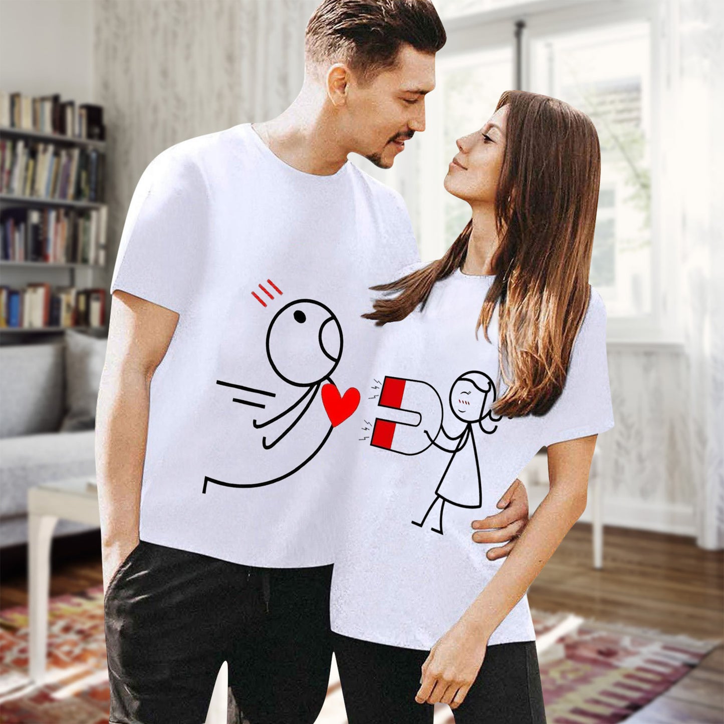 Casual Cartoon Print Couple T-Shirts for Women, European and American Style, Simple Design, Unisex Fashion Top